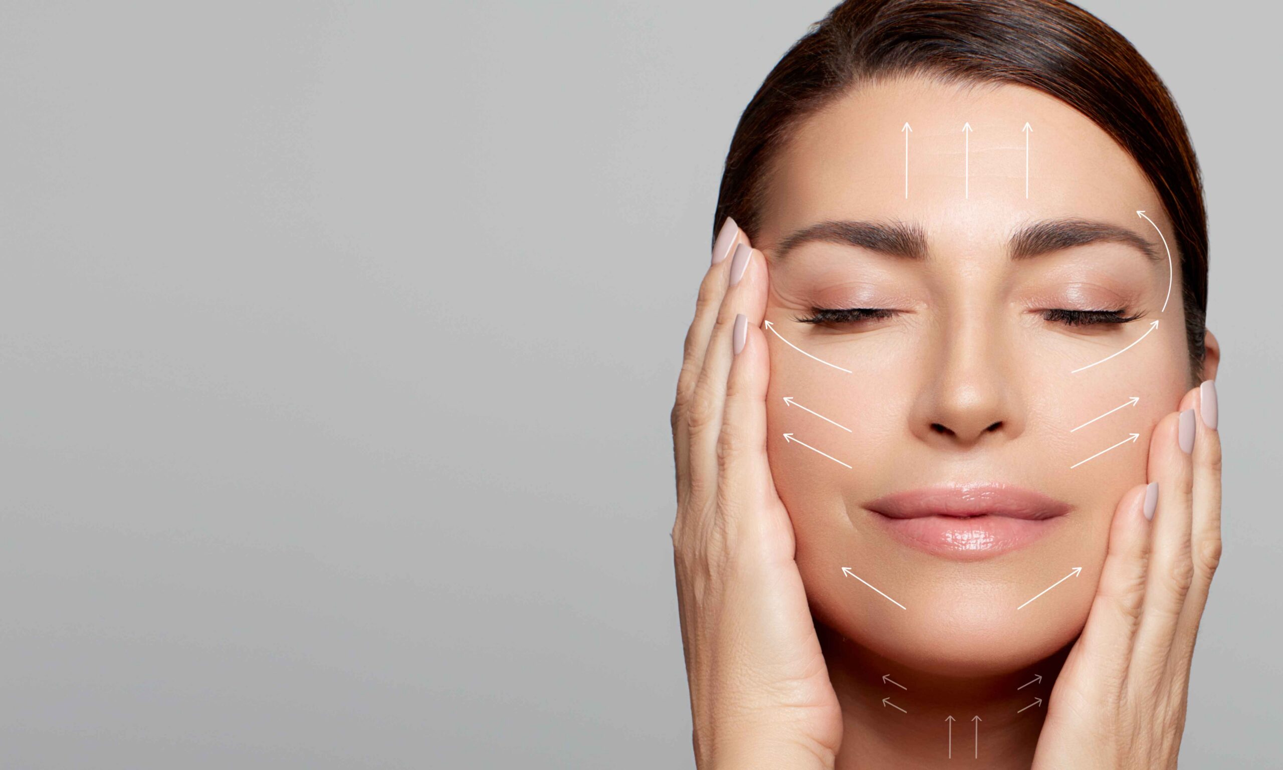Natural Woman Face with Healthy Flawless Skin and Lifting Arrows over face