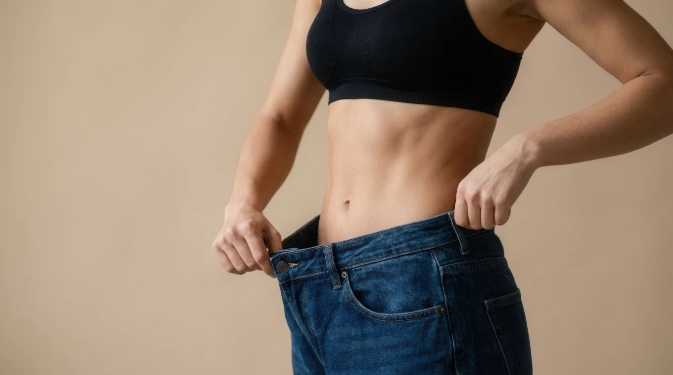 woman holding loose jeans after body lift woman holding loose waistband of jeans showing toned abdomen after body contouring